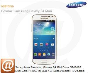 GT-I9192ZWPZTO - Smartphone Samsung Galaxy S4 Mini Duos GT-I9192 Dual-Core (1.70GHz) 8GB 4.3" SuperAmoled HD Android 4.2 (Jelly Bean) Wi-Fi N 3G GPS USB DLNA 1.9MP/8MP microSD 64GB Dual Chip Preto