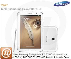 GT-N5110ZWAZTO - Tablet Samsung Galaxy Note 8.0 GT-N5110 Quad-Core (1.60GHz) 2GB 8GB 8" 1280x800 Android 4.1 (Jelly Bean) Wi-Fi N Bluetooth GPS 5MP 1.3MP USB microSD Branco Desbloqueado
