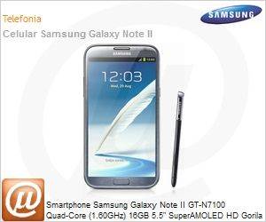 GT-N7100TALZTO - Smartphone Samsung Galaxy Note II GT-N7100 Quad-Core (1.60GHz) 16GB 5.5" SuperAMOLED HD Gorila Glass Android 4.1 (Jelly Bean) Wi-Fi N Bluetooth 3G 8MP GPS USB Cinza Desbloqueado