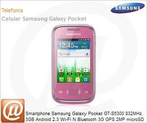 GT-S5300ZIBZTO - Smartphone Samsung Galaxy Pocket GT-S5300 832MHz 3GB Android 2.3 Wi-Fi N Bluetooth 3G GPS 2MP microSD Rosa Desbloqueado