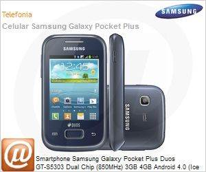 GT-S5303ZKBZTO - Smartphone Samsung Galaxy Pocket Plus Duos GT-S5303 Dual Chip (850MHz) 3GB 4GB Android 4.0 (Ice Cream Sandwich) 2MP Bluetooth GPS 3G USB Grafite Desbloqueado