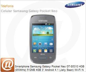 GT-S5310MSQZTO - Smartphone Samsung Galaxy Pocket Neo GT-S5310 4GB (850MHz) 512MB 4GB 3" Android 4.1 (Jelly Bean) Wi-Fi N 3G Bluetooth 4.0 GPS 2MP microSD USB Grafite Desbloqueado