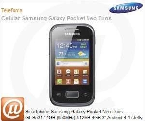 GT-S5312MSPZTO - Smartphone Samsung Galaxy Pocket Neo Duos GT-S5312 4GB (850MHz) 512MB 4GB 3" Android 4.1 (Jelly Bean) Wi-Fi N 3G Bluetooth 4.0 GPS 2MP microSD USB Dual Chip Preto Desbloqueado