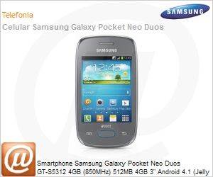GT-S5312RWBZTO - Smartphone Samsung Galaxy Pocket Neo Duos GT-S5312 4GB (850MHz) 512MB 4GB 3" Android 4.1 (Jelly Bean) Wi-Fi N 3G Bluetooth 4.0 GPS 2MP microSD USB Dual Chip Prata Desbloqueado