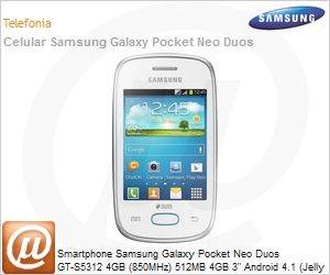 GT-S5312RWPZTO - Smartphone Samsung Galaxy Pocket Neo Duos GT-S5312 4GB (850MHz) 512MB 4GB 3" Android 4.1 (Jelly Bean) Wi-Fi N 3G Bluetooth 4.0 GPS 2MP microSD USB Dual Chip Branco Desbloqueado