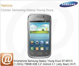 GT-S6313MSBZTO - Smartphone Samsung Galaxy Young Duos GT-S6313 (1.0GHz) 768MB 4GB 3.2" Android 4.1 (Jelly Bean) Wi-Fi N 3G Bluetooth GPS 3MP TV Digital Dual Chip microSD Cinza Desbloqueado
