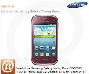 GT-S6313ZWPZTO - Smartphone Samsung Galaxy Young Duos GT-S6313 (1.0GHz) 768MB 4GB 3.2" Android 4.1 (Jelly Bean) Wi-Fi N 3G Bluetooth GPS 3MP TV Digital Dual Chip microSD Vermelho Desbloqueado