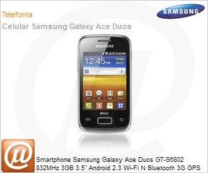 GT-S6802HKBZTO - Smartphone Samsung Galaxy Ace Duos GT-S6802 832MHz 3GB 3.5" Android 2.3 Wi-Fi N Bluetooth 3G GPS USB 5MP microSD at 32GB Dual Chip Preto Desbloqueado
