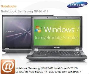 NP-RF411-SD2BR - Notebook Samsung NP-RF411 Intel Core i3-2310M (2.10GHz) 4GB 500GB 14" LED DVD-RW Windows 7 Home Premium 64 Wi-Fi N Bluetooth WebCam HDMI NVIDIA GT540M 1GB