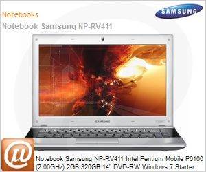 NP-RV411-AD1BR - Notebook Samsung NP-RV411 Intel Pentium Mobile P6100 (2.00GHz) 2GB 320GB 14" DVD-RW Windows 7 Starter Wi-Fi N Bluetooth WebCam