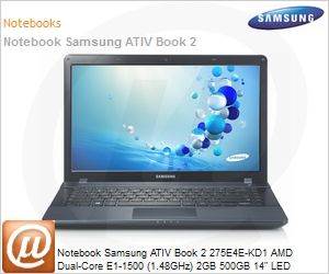 NP275E4E-KD1BR - Notebook Samsung ATIV Book 2 275E4E-KD1 AMD Dual-Core E1-1500 (1.48GHz) 2GB 500GB 14" LED DVD-RW Windows 8 SL 64 Wi-Fi N Bluetooth 4.0 WebCam HDMI Radeon HD 7310 Preto Mineral