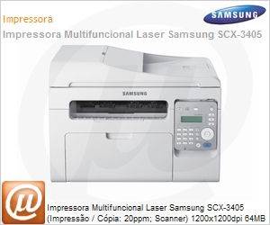 SCX-3405/XAZ - Impressora Multifuncional Laser Samsung SCX-3405 (Impresso / Cpia: 20ppm; Scanner) 1200x1200dpi 64MB 10.000 pg/ms