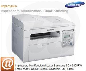 SCX-3405FW/XAZ - Impressora Multifuncional Laser Samsung SCX-3405FW (Impresso / Cpia: 20ppm; Scanner; Fax) 64MB 600x600dpi Rede Wi-Fi