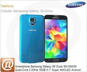 SM-G900MZBVZTO - Smartphone Samsung Galaxy S5 Duos SM-G900M Quad-Core 2.5GHz 16GB 5.1" Super AMOLED Android Wi-Fi ac Bluetooth 4.0 GPS 4G NFC USB 3.0 microSD at 128GB 16MP/2MP Azul Dual Chip