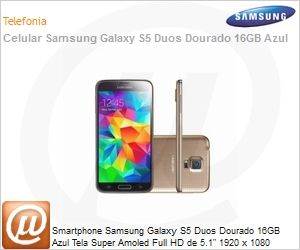 SM-G900MZDQZTO - Smartphone Samsung Galaxy S5 Duos Dourado 16GB Azul Tela Super Amoled Full HD de 5.1" 1920 x 1080