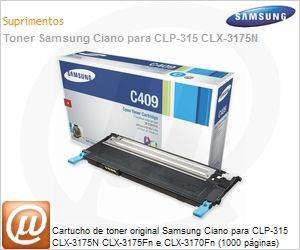 CLT-C409S/XAA - Cartucho de toner original Samsung Ciano para CLP-315 CLX-3175N CLX-3175Fn e CLX-3170Fn (1000 pginas)