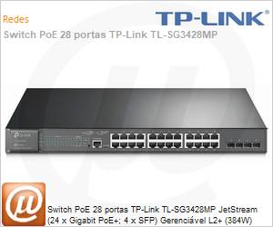 TL-SG3428MP - Switch PoE 28 portas TP-Link TL-SG3428MP JetStream (24 x Gigabit PoE+; 4 x SFP) Gerencivel L2+ (384W) 