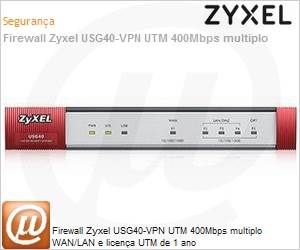 USG40-EU0102F - Firewall Zyxel USG40-VPN UTM 400Mbps multiplo WAN/LAN e licena UTM de 1 ano