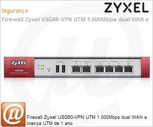 USG60-EU0102F - Firewall Zyxel USG60-VPN UTM 1.000Mbps dual WAN e licena UTM de 1 ano