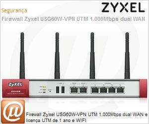 USG60W-EU0102F - Firewall Zyxel USG60W-VPN UTM 1.000Mbps dual WAN e licena UTM de 1 ano e WIFI