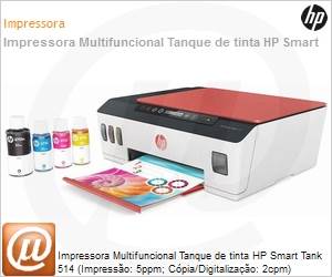 3YW74A - Impressora Multifuncional Tanque de tinta HP Smart Tank 514 (Impressão: 5ppm; Cópia/Digitalização: 2cpm) 4800x1200dpi 1.000 páginas USB Wi-Fi Bluetooth Painel LCD