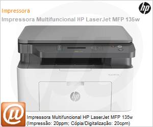 4ZB83A - Impressora Multifuncional HP LaserJet MFP 135w (Impresso: 20ppm; Cpia/Digitalizao: 20cpm) 1200x1200dpi 10.000 pginas USB Wi-Fi Painel LCD 