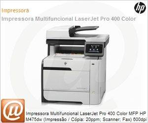 CE864A - Impressora Multifuncional LaserJet Pro 400 Color MFP HP M475dw (Impresso / Cpia: 20ppm; Scanner; Fax) 600dpi 192MB Rede Duplex ePrint Wi-Fi