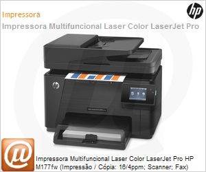 CZ165A - Impressora Multifuncional Laser Color LaserJet Pro HP M177fw (Impresso / Cpia: 16/4ppm; Scanner; Fax) 600x600dpi 128MB Rede Wi-Fi N ePrint AirPrint 20.000 pg/ms