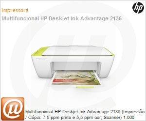 F5S30A - Multifuncional HP Deskjet Ink Advantage 2136 (Impresso / Cpia: 7,5 ppm preto e 5,5 ppm cor; Scanner) 1.000 pg/ms