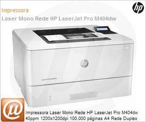 W1A56A - Impressora Laser Mono Rede HP LaserJet Pro M404dw 40ppm 1200x1200dpi 100.000 pginas A4 Rede Duplex Wi-Fi