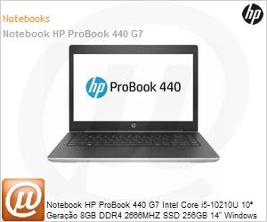 18U05LA - Notebook HP ProBook 440 G7 Intel Core i5-10210U 10 Gerao (1,6GHz 6MB 4 Ncleos) 8GB DDR4 2666MHZ 256GB SSD 14" Windows 10 Pro Wi-Fi Bluetooth Fingerprint 1 Ano