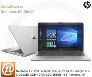 29Y05LA - Notebook HP 250 G7 Intel Core i5-8265U 8 Gerao 8GB (1 de 8GB) DDR4 2400 256GB SSD 15,6" Windows 10 Home 1 Ano Balco