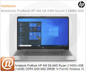 499S2LA - Notebook HP ProBook 445 G8 AMD Ryzen 3 5400U 8GB (1x8GB) DDR4-3200 256GB SSD 14 Full HD Windows 10 Pro 1 Ano Balco