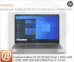 4A8W9LA - Notebook HP ProBook 445 G8 AMD Ryzen 5 5600U 8GB (1x8GB) DDR4-3200 256GB SSD PCie 14" Full HD Windows 10 Pro 1 Ano Balco