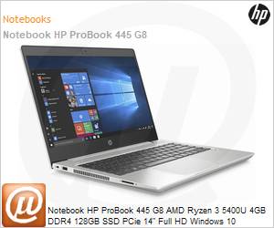 4E3Q2LA - Notebook HP ProBook 445 G8 AMD Ryzen 3 5400U 4GB DDR4 128GB SSD PCie TLC 14" Full HD Windows 10 Pro Wi-Fi 6 Bluetooth 5.2 1 Ano Balco