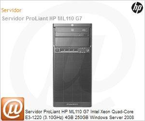 639265-205 - Servidor ProLiant HP ML110 G7 Intel Xeon Quad-Core E3-1220 (3.10GHz) 4GB 250GB Windows Server 2008 Foundation (Substitui ML110 G6 588714-205)