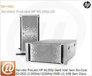 686715-S05 - Servidor ProLiant HP ML350p Gen8 Intel Xeon Six-Core E5-2620 (2.00GHz/1333MHz/15MB L3) 4GB Sem Disco RAID P420i Quad-Port (Substitui ML350 G7)