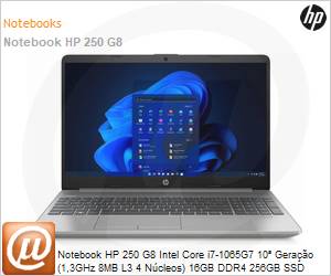 6L5R0LA - Notebook HP 250 G8 Intel Core i7-1065G7 10 Gerao (1,3GHz 8MB L3 4 Ncleos) 16GB DDR4 256GB SSD PCIe NVMe 15,6" Windows 11 Pro Wi-Fi 11ac Bluetooth 4.2