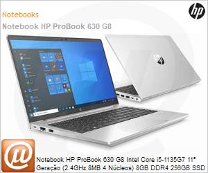 6N1R9LA - Notebook HP ProBook 630 G8 Intel Core i5-1135G7 11 Gerao (2.4GHz 8MB 4 Ncleos) 8GB DDR4 256GB SSD PCie 13,3" Full HD Windows 11 Pro Wi-Fi 6 Bluetooth 3 Anos Balco