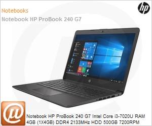 6YH04LA - Notebook HP ProBook 240 G7 Intel Core i3-7020U RAM 4GB (1X4GB) DDR4 2133MHz HDD 500GB 7200RPM SATA 14" Windows 10 Professional