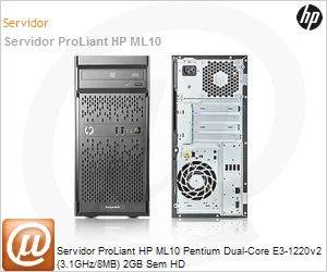 737649-S01 - Servidor ProLiant HP ML10 Pentium Dual-Core E3-1220v2 (3.1GHz/8MB) 2GB Sem HD