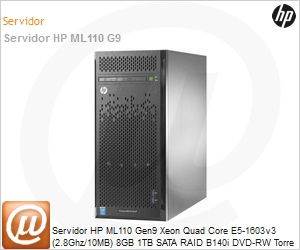799112-S05 - Servidor HP ML110 Gen9 Xeon Quad Core E5-1603v3 (2.8Ghz/10MB) 8GB 1TB SATA RAID B140i DVD-RW Torre 4U