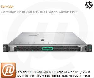 867962-B21 - Servidor HP DL360 G10 8SFF Xeon-Silver 4114 (2.2GHz 10C) (1x Proc) 16GM sem discos Rede 4x 1GB 1x fonte 500W Rack (sem sistema operacional)