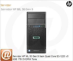 868165-S05 - Servidor ProLiant HP ML30 Gen9 Xeon Quad-Core E3-1220v5 (3.0GHz/8MB/80W) 8GB 1TB DVD-RW Torre 4U (Substitui ML110 G8)