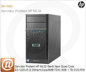 873227-S05 - Servidor ProLiant HP ML30 Gen9 Xeon Quad Core E3-1220v6 (3.0GHz/8MB/72W) 8GB 1TB DVD-RW Torre 4U (Substitui 868165-S05)