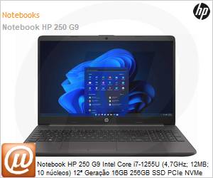 8B3L8LA - Notebook HP 250 G9 Intel Core i7-1255U (4,7GHz; 12MB; 10 ncleos) 12 Gerao 16GB 256GB SSD PCIe NVMe Windows 11 Professional 
