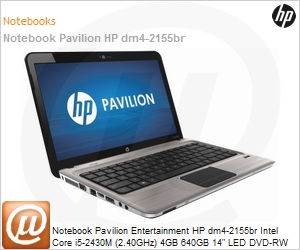 A0Y15LA - Notebook Pavilion Entertainment HP dm4-2155br Intel Core i5-2430M (2.40GHz) 4GB 640GB 14" LED DVD-RW Windows 7 Home Basic 64 Wi-Fi N WiDi WebCam HDMI Radeon HD 6470M 1GB