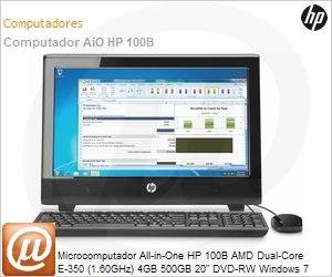 A2V68LT - Desktop-PC All-in-One HP 100B AMD Dual-Core E-350 (1.60GHz) 4GB 500GB 20" DVD-RW Windows 7 Professional Radeon HD 6310