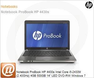 A7H36LT - Notebook ProBook HP 4430s Intel Core i5-2430M (2.40GHz) 4GB 500GB 14" LED DVD-RW Windows 7 Professional 64 Wi-Fi N Bluetooth HDMI (Substitui XU014LT#AC4)