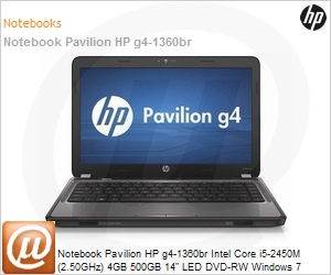 HP A7J02LA Notebook Pavilion HP g4 1360br Intel Core i5 2450M 2.50GHz 4GB 500GB 14 LED DVD RW Windows 7 Home Basic 64 Wi Fi N Bluetooth WebCam HDMI MicroSafe